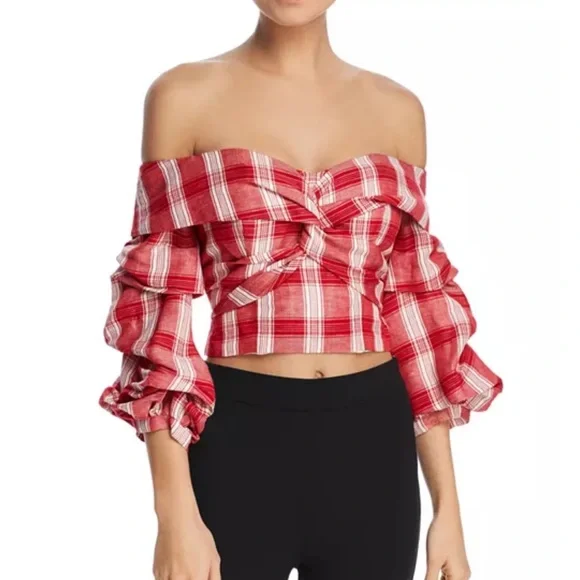 Bardot Red Plaid Off-Shoulder Women's Top - Picture 1 of 6